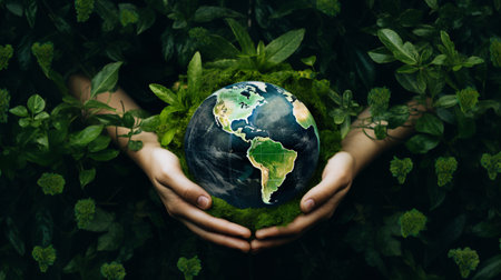 A dynamic imagery illustrative of clasped hands gripping a world featuring abundant foliage, conveying the requirement for international eco-preservation ventures.の素材