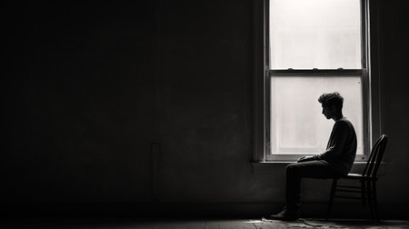 A monochrome snap depicting a person ruminating alone by a window embodies reflective pondering.の素材