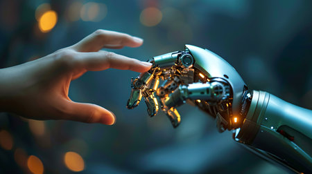 The concept of creating intelligence through the interaction of a robotic and human hand.の素材