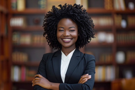 A confident African-American lawyer with crossed arms exuding empowerment and leadership in a law firm setting.の素材