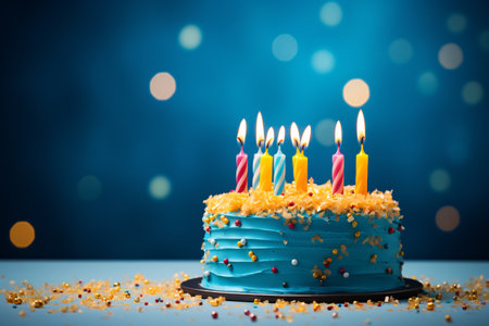 A cake with sky-blue icing and golden birthday candles on a cerulean backdrop for a celebration.の素材