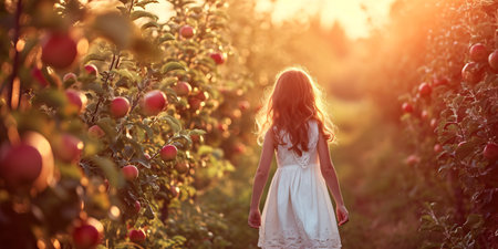 Lovely young girl in stunning flowing white gown strolling through orchard during spring with a gentle and peaceful atmosphere.の素材