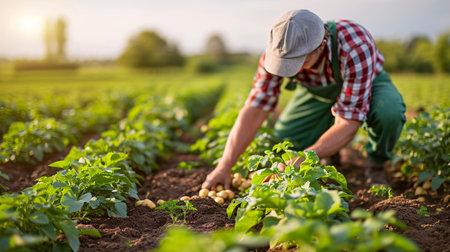 Farmer examining potato harvest in field.の素材