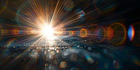 Circular lens glare in dark backdrop.の素材