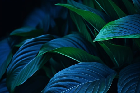 A bright, tropical Spathiphyllum cannifolium plant is showcased in a macro texture close-up against a dark nature background - ideal for desktop wallpaper or website backdrops.の素材