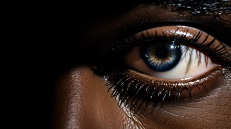 A tight close-up portrays a musician's emotive eyes entranced in a passionate jazz jam.の素材