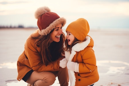 Joyful Latin matriarch and daughter enjoying beach activities in the wintertime. Parent and offspring outside.の素材