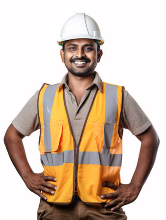 A builder in India with a joyful expression, wearing safety gear and posed for a studio photo.の素材