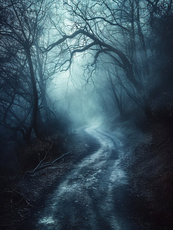 Enigmatic shadowy woods with a foggy path on a spooky Halloween night.の素材