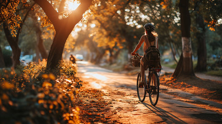A woman enjoys cycling in the park for fitness and joy, incorporating cardio for health and exploring nature through biking as a means of travel and adventure.の素材