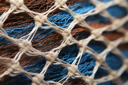 A close-up of an intricate tapestry of beige and blue threads.の素材