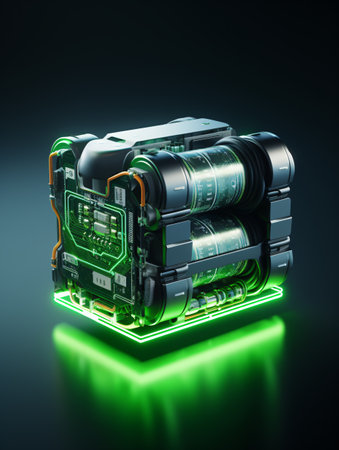 Advanced high-capacity battery technology with a linked charging cord, powering clean and sustainable electric vehicles and portable electronics.の素材