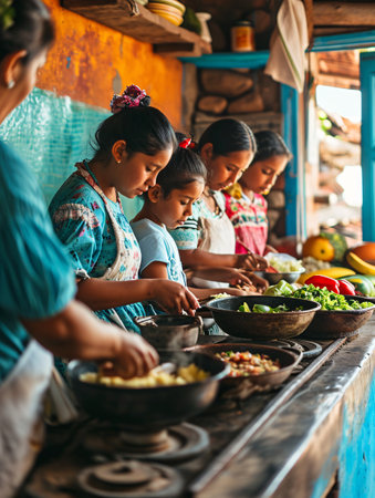 A Hispanic family preparing a meal in their Mexican home with kids.の素材