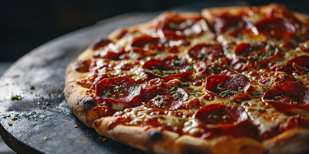 Charcoal-baked pepperoni pizza on a dark backdrop with professional lighting. Emphasizing food delivery and AI technology.の素材