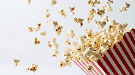 Popcorn levitating from striped box on white background with room for text.の素材