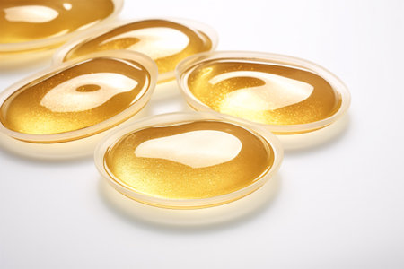 Isolated on a white backdrop, hydrogel eye pads saturated in gold and collagen provide cosmetic moisturizing.の素材
