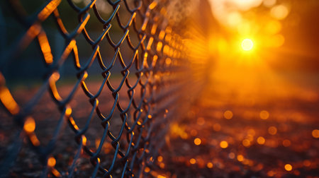 Metallic wire pattern illuminated by natural light on detailed fencing.の素材