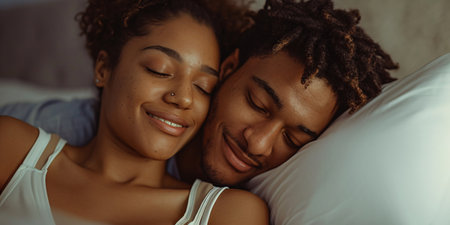 Adoring all aspects of her. Attractive pair connecting and grinning in the boudoir.の素材