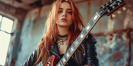 Youthful alluring rocker chick with electrified instrument.の素材