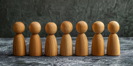The principle of acceptance and fairness, promoting equality and preventing discrimination, depicted with wooden figurines on a gray surface. Generative Aiの素材