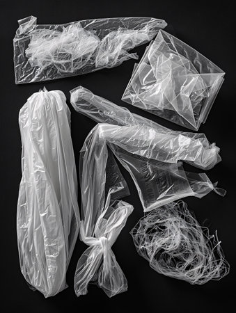 A picture of crumpled polythene wraps on a dark backdrop.の素材