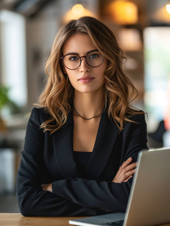 A sophisticated female executive working on her laptop in a well-lit office.の素材