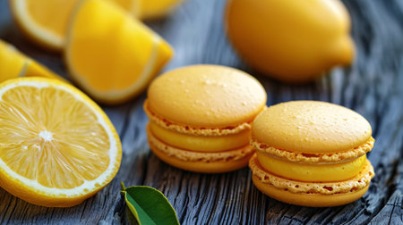 Delicious macarons and lemon wedges on wooden surface up close.の素材