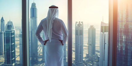 Flourishing Islamic Entrepreneur in Classic Ivory Clothing Standing in Contemporary Workplace Gazing at Urban Metropolis with High-rises. Thriving Arabian Businessman Idea.の素材