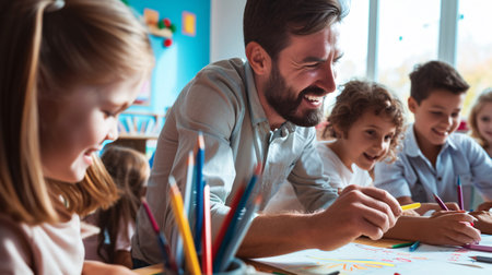 In an elementary classroom, the teacher teaches art and imagination by demonstrating drawing techniques with a colored pencil.の素材
