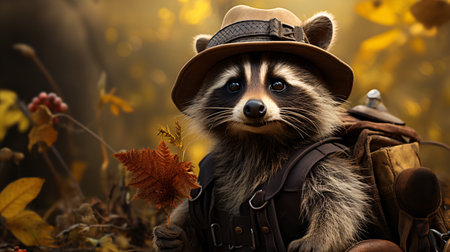 A captivating close-up of a rascally raccoon wearing an explorer's hat reflects the inquisitive nature of wildlife.の素材