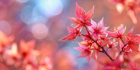 Macro shot of crimson-foliaged maple tree in bloom during spring season with bokeh background.の素材
