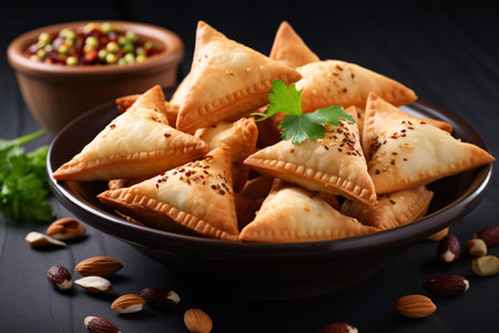 Mini samosa delicacies with hot nut and legume stuffing, on a white backdrop.の素材
