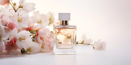 Perfume bottle presentation on white background adorned with blooming flowers.の素材