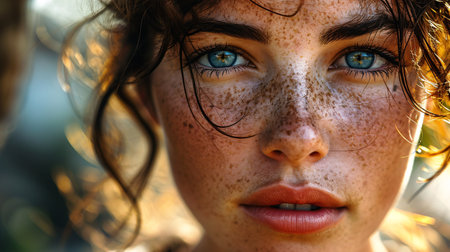 Close-up of a youthful lady's freckled visage.の素材