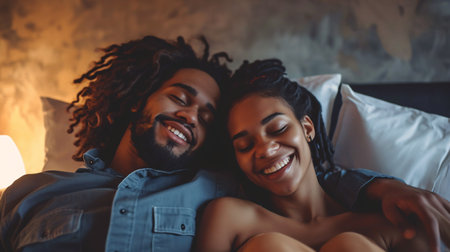 Adoring all aspects of her. Attractive pair connecting and grinning in the bedroom.の素材