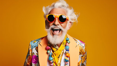 Jovial elder gent donning chic attire beaming in a vivid backdrop.の素材