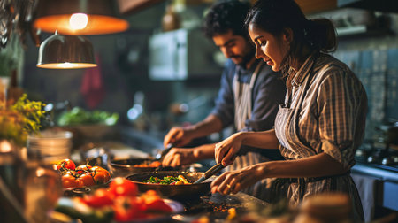 Affectionate Indian Duo Cooking and Bonding while Making Dinner for Loved Ones.の素材