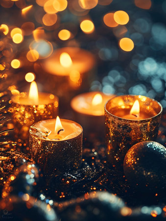 Festive bokeh background with golden candles celebrating close-up of New Year 2024.の素材