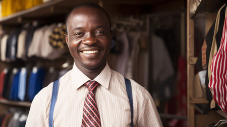 Shop employee gazes at the camera and grins in a local exchange.の素材