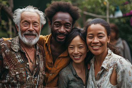 A diverse group of people joyfully embracing and posing for a photo.の素材
