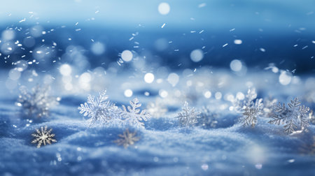 Sparkling Christmas lights illuminate a snowy landscape with acrylic crystals and snowflakes.の素材