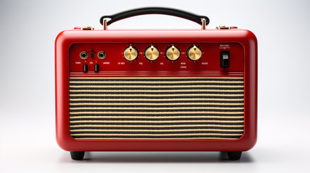An isolated old-fashioned wireless speaker featuring a  guitar-amplifier design stands against a white backdrop.の素材