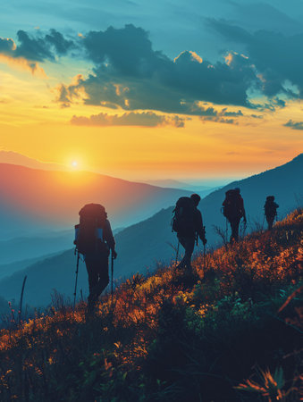 Four hikers with rucksacks are trekking in the mountains during sunset.の素材