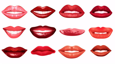 A variety of lipsticks, glosses, tints, and red shades is isolated on a white surface.の素材