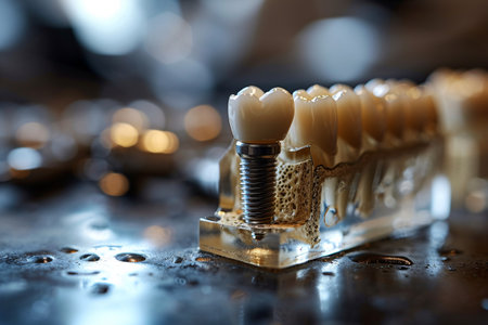 Dentistry concepts portrayed through a dental model with a dental implant, with a blurred background of a patient at a dental clinic.の素材