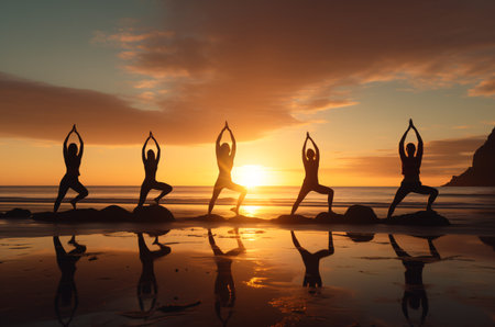 At dawn, a peaceful beach hosts yogis performing postures, framed by a picturesque sea.の素材