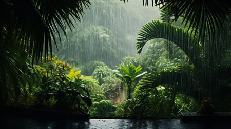 Rainfall, during monsoons, in a tropical garden filled with palms.の素材