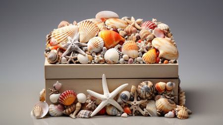 A collection of various seashells in a box against a neutral backdrop.の素材