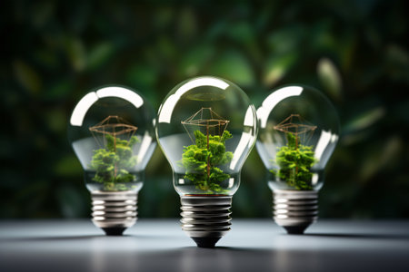 A solar-powered, eco-friendly LED bulb sitting on a white surface symbolizes sustainable energy.の素材