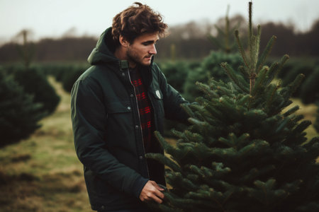 Youthful male selecting a holiday tree at the plantation outside.の素材